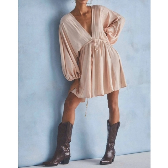 NEW 《 Free People 》 Arzel Mini Dress in Palm Leaf Satin Deep V Plunge Pleated XS
